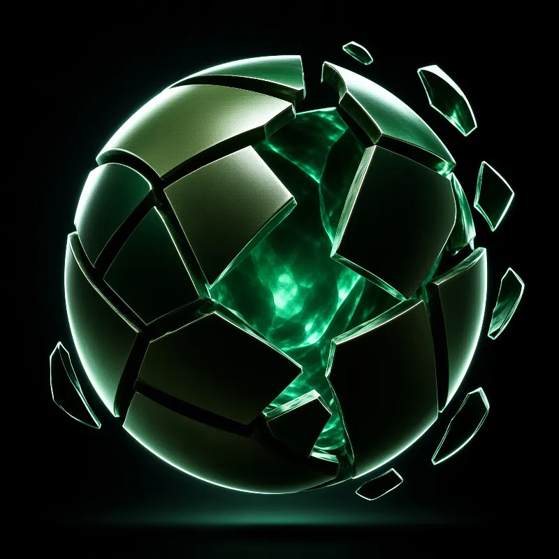 A shattered emerald sphere releases fragments while glowing brightly against a void