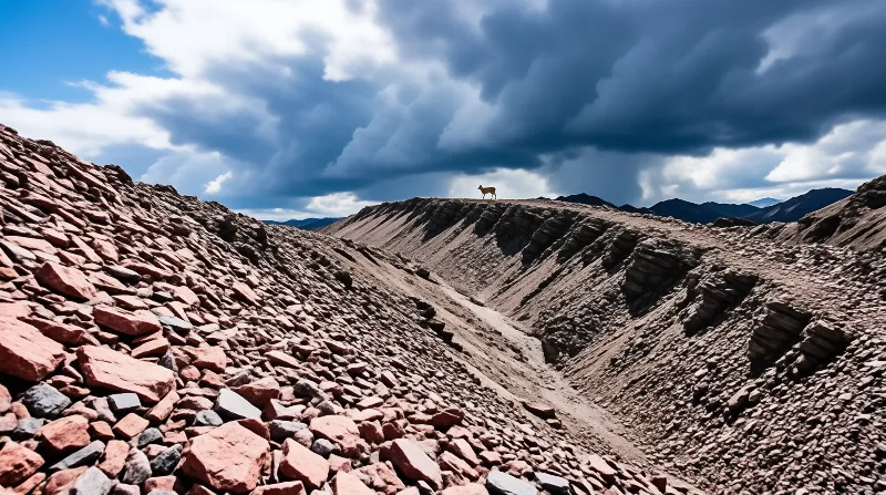 A solitary antelope stands on a jagged mountain ridge while dark clouds gather over the rugged terrain.