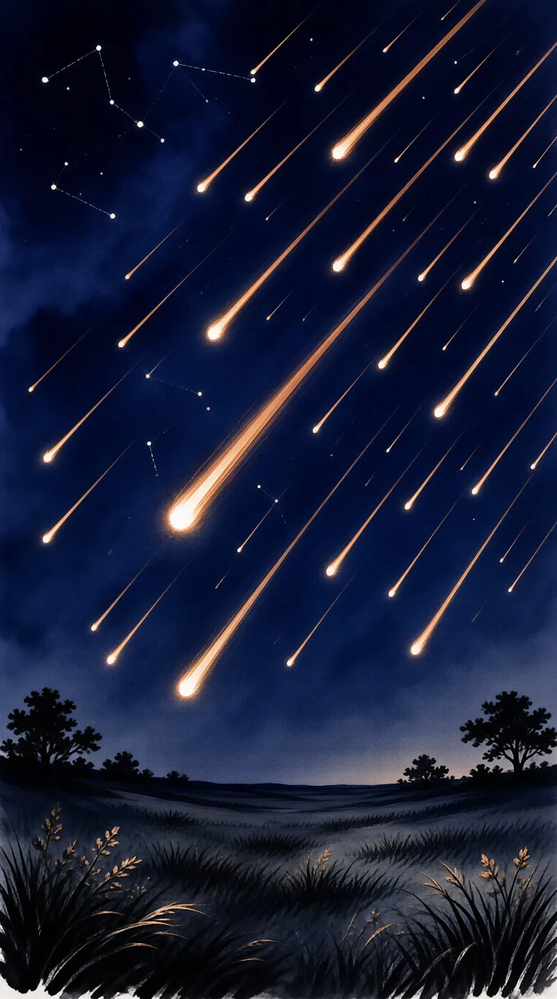 Glowing shooting stars fall diagonally over a dark field with silhouetted trees and faint constellation lines.