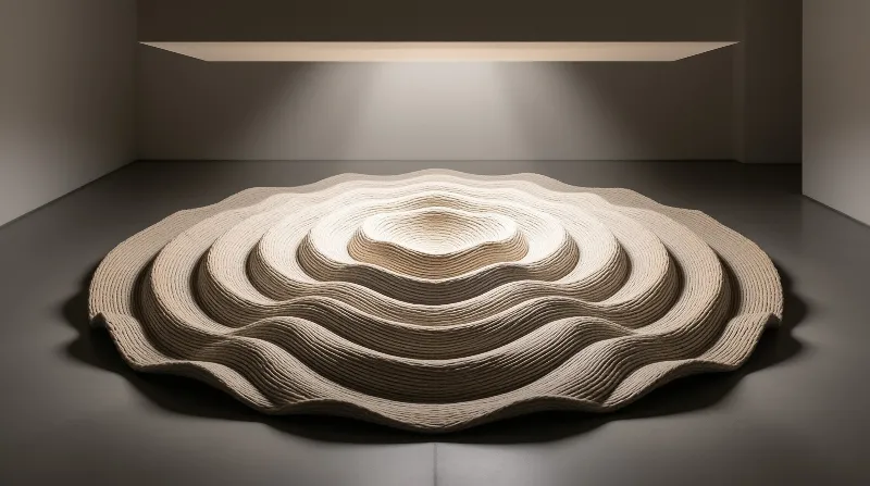 A beige textured object with wavy layers sits on a dark floor beneath a horizontal window.