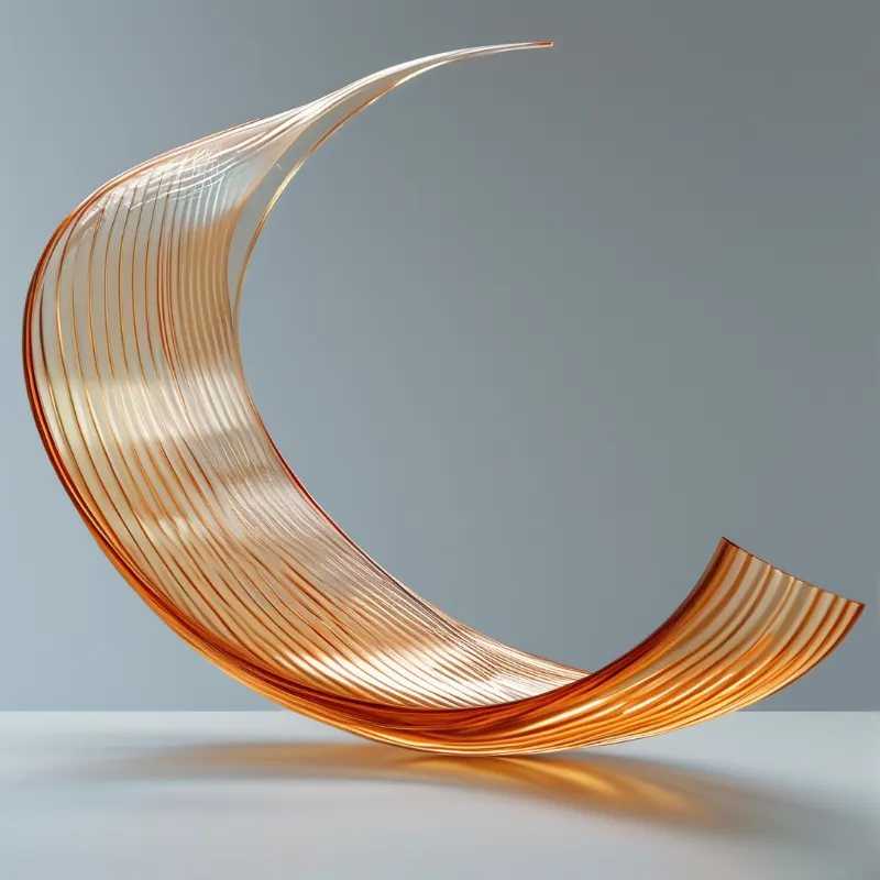 A curved translucent amber object featuring fine vertical striations rests on a neutral grey studio background.