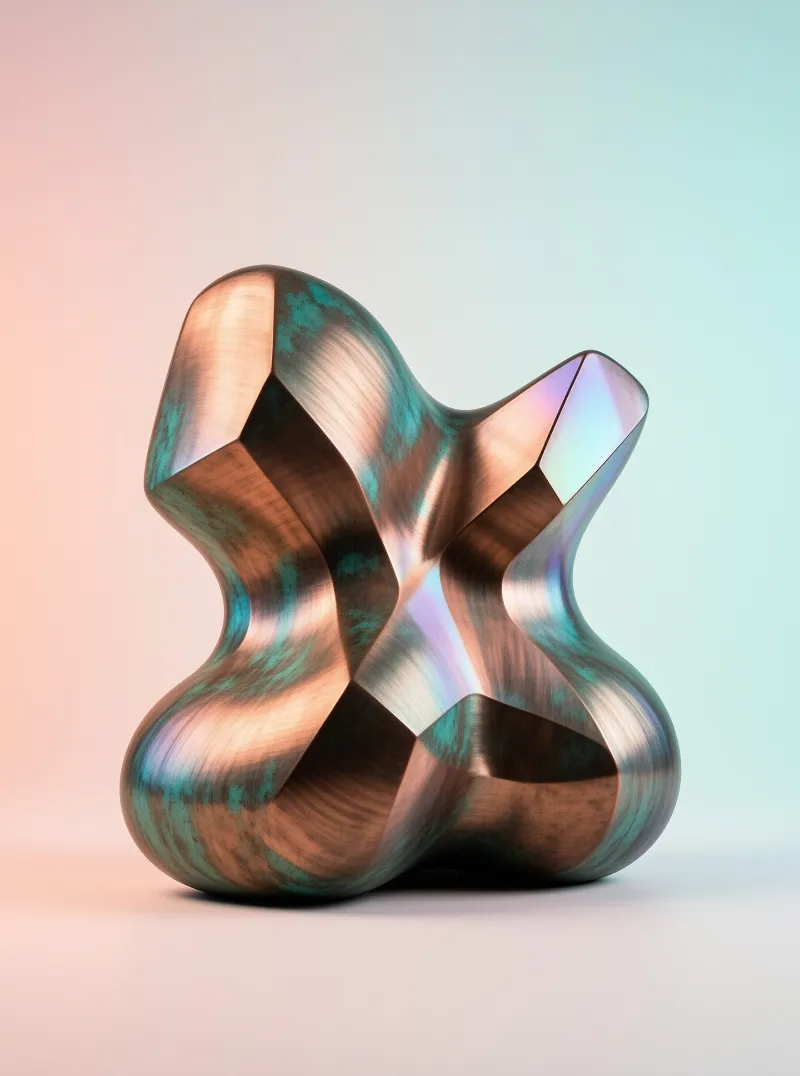 A twisted copper sculpture with verdigris patina and iridescent facets stands against a soft peach and mint gradient.