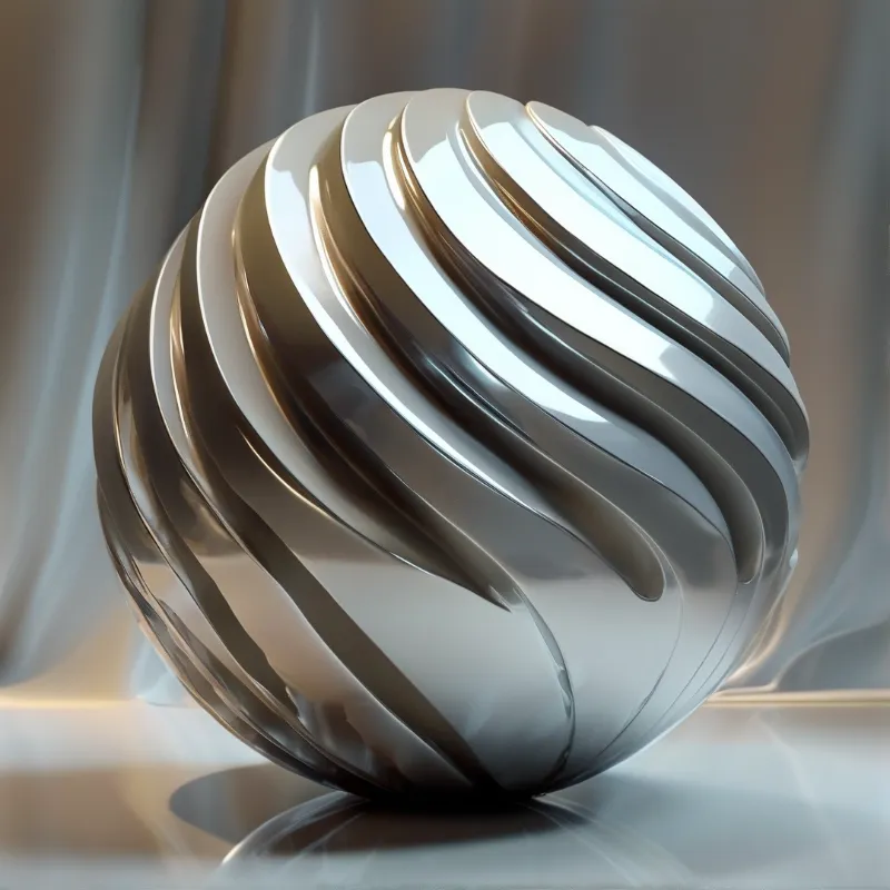 A polished metal sphere carved with flowing spiral ridges rests on a reflective white surface in soft light.