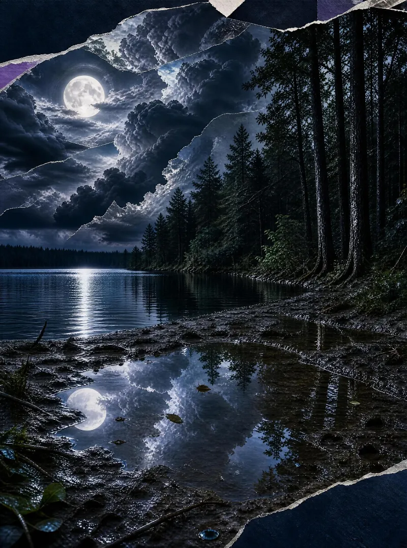 A forested lake shore at night with a full moon, its light reflecting on the water and in a puddle among trees.