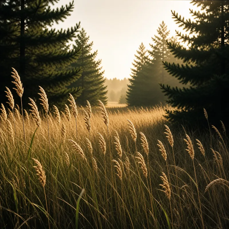 Sunlight filters through dawn mist to illuminate tall feathery grasses stretching to the distant dark pine tree line.