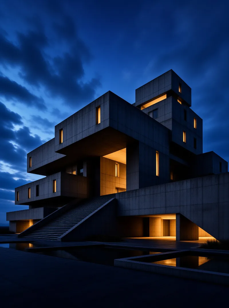 Geometric concrete building stands against dark blue evening sky with warm lights reflecting in a pond.