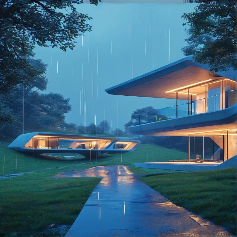 Futuristic glass homes sit on a grassy slope during a rainstorm at dusk, glowing warmly against a cool blue sky.