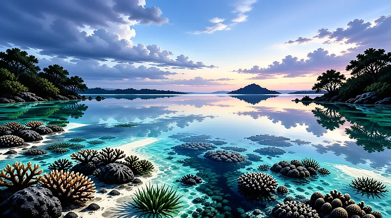 Shallow turquoise water mirrors a soft sunset sky above scattered coral clusters and distant green islets.