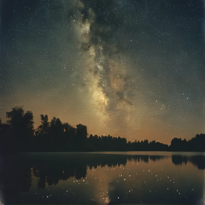 The Milky Way arches across the dark sky above a treeline, casting a golden reflection into the calm lake below.
