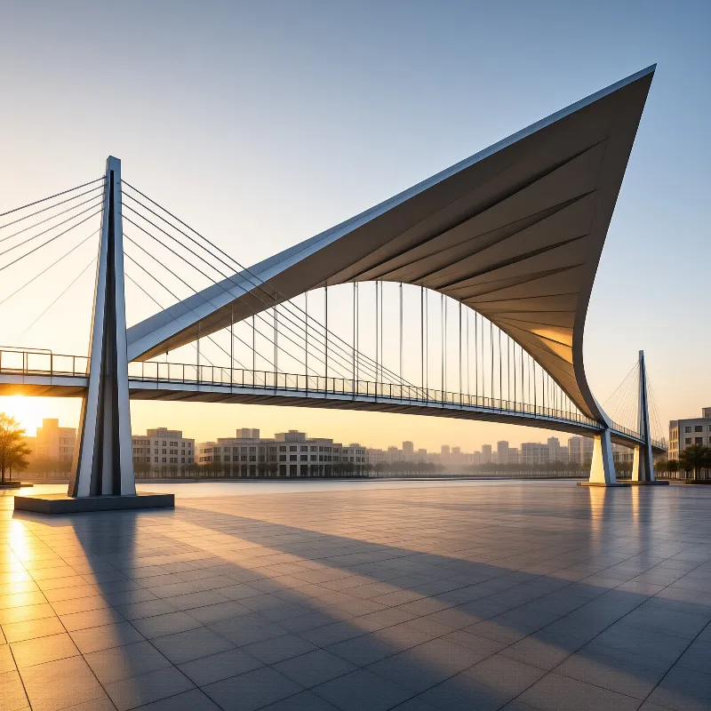 A modern bridge with a large sail-like roof spans a wide paved plaza during a golden sunset.