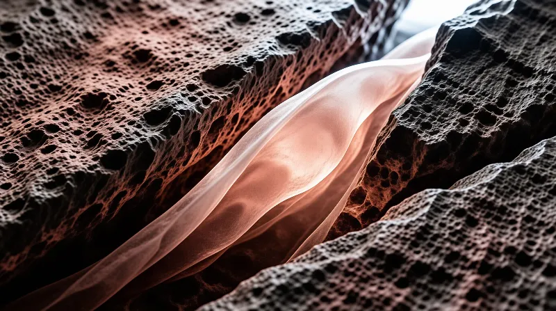 Close up view of spongy porous rock walls surrounding a smooth flowing stream of water with warm lighting.