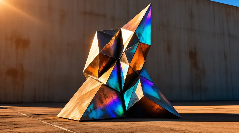 Angular artwork resembling a feline stands on pavement, reflecting blue and orange tones under strong directional lighting.