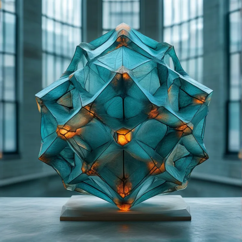 A faceted teal and orange geometric sculpture rests on a pedestal within a spacious hall featuring tall arched windows.