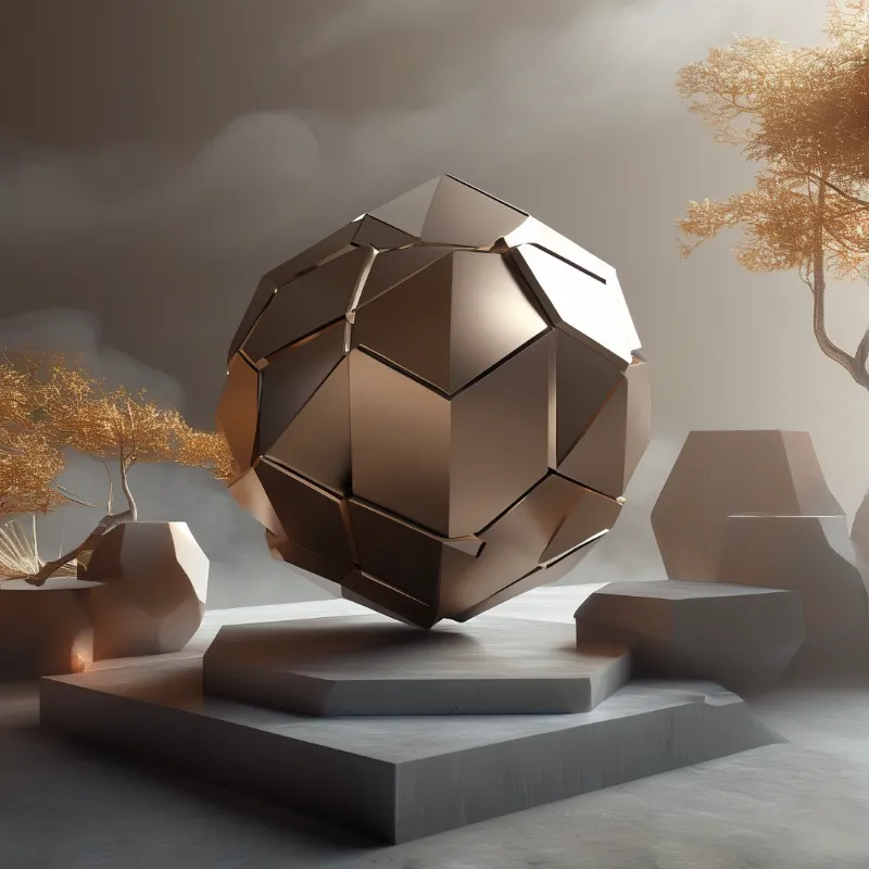 A bronze polyhedral sphere rests on tiered stone blocks between golden trees in soft drifting mist.