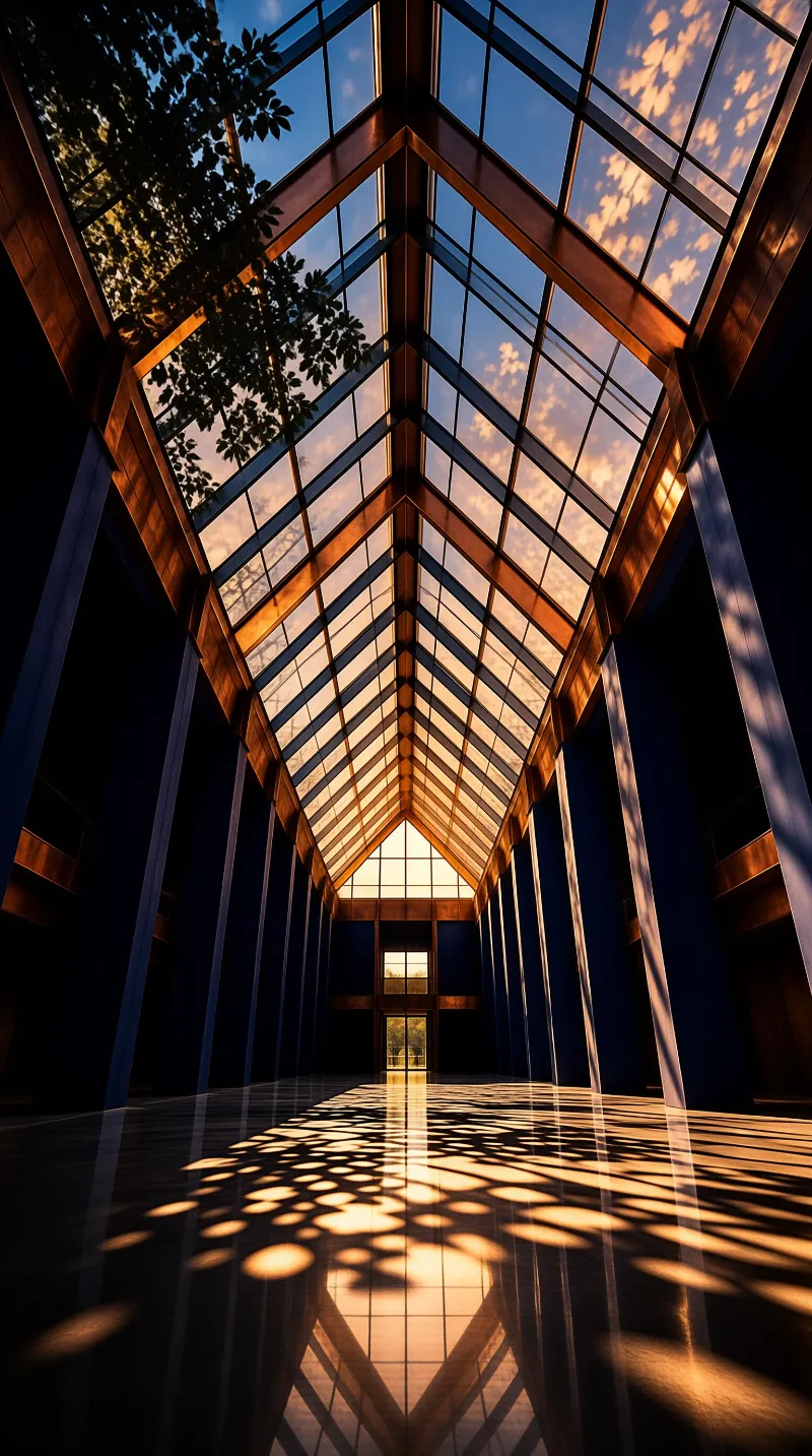 A modern glass ceiling with wooden beams casts bright sunlight patterns onto a polished reflective floor.