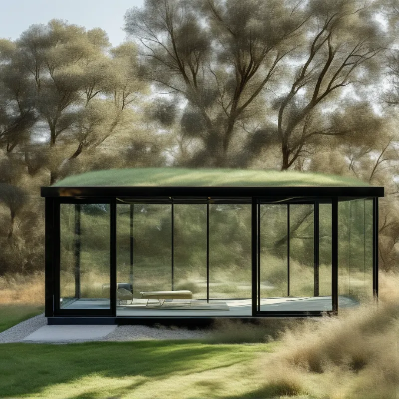 A rectangular glass structure featuring a grassy roof sits amidst tall trees shrouded in soft morning fog.