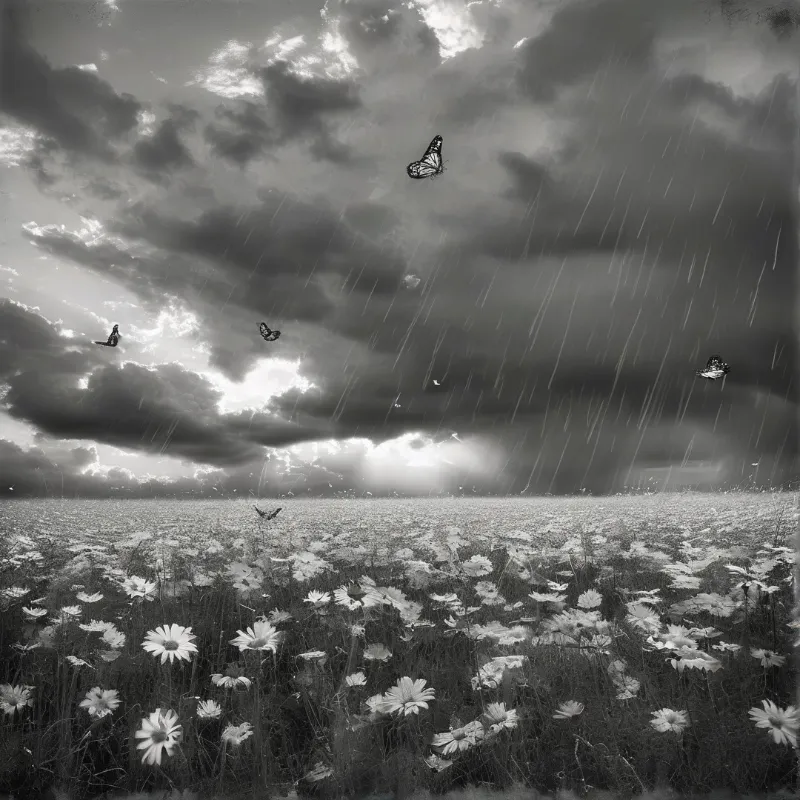 Monochrome image of a daisy field beneath stormy clouds with visible rain and butterflies soaring in the distance.