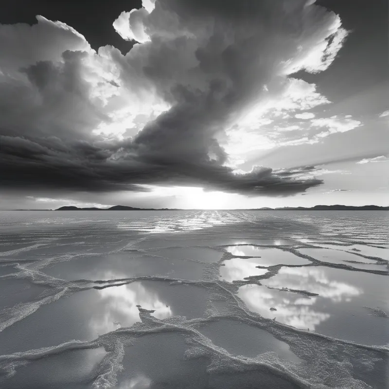 Black and white view of cracked salt flats whose shallow puddles reflect thick clouds and sunburst light, hills line the distance.