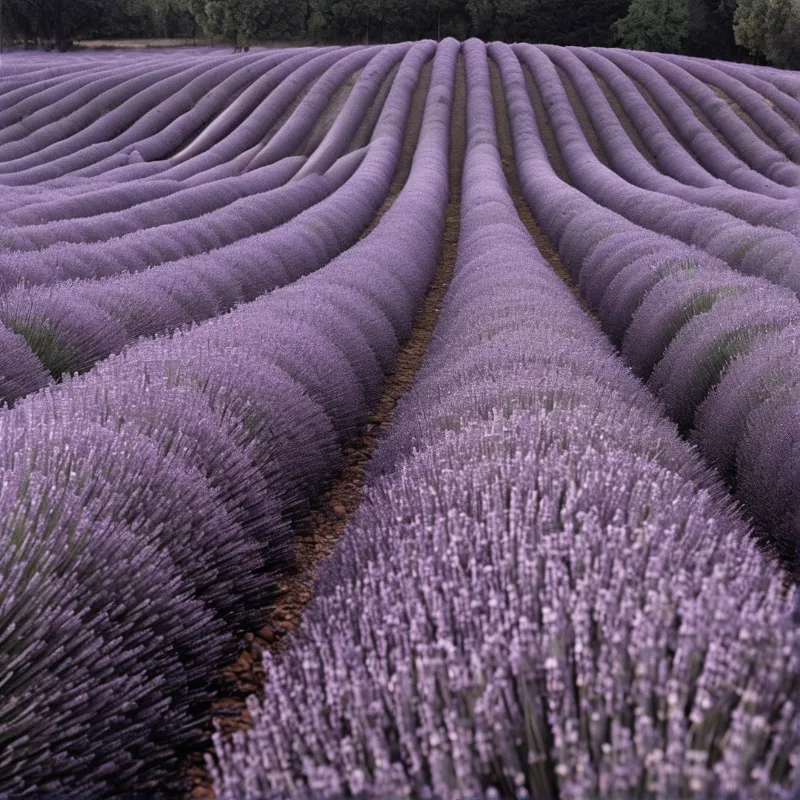 Rows of purple lavender plants stretch across a field leading toward a line of trees in the distance under soft lighting.