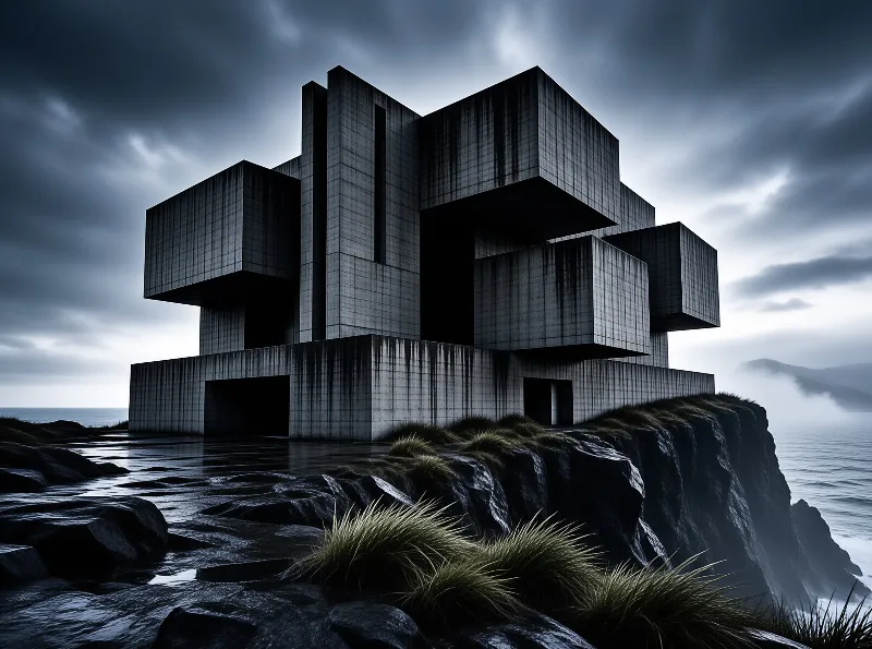 Interlocking grey volumes with stained facades sit on a rocky headland while rain clouds press over the sea