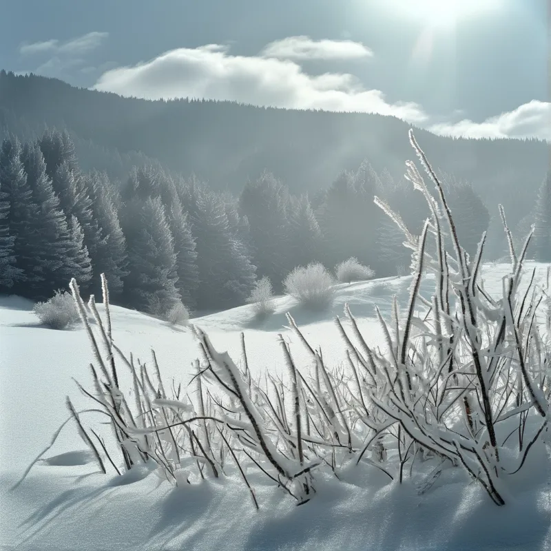 Snowy pine trees stand on a hillside while bright sunbeams shine through the mist and fog in the background.