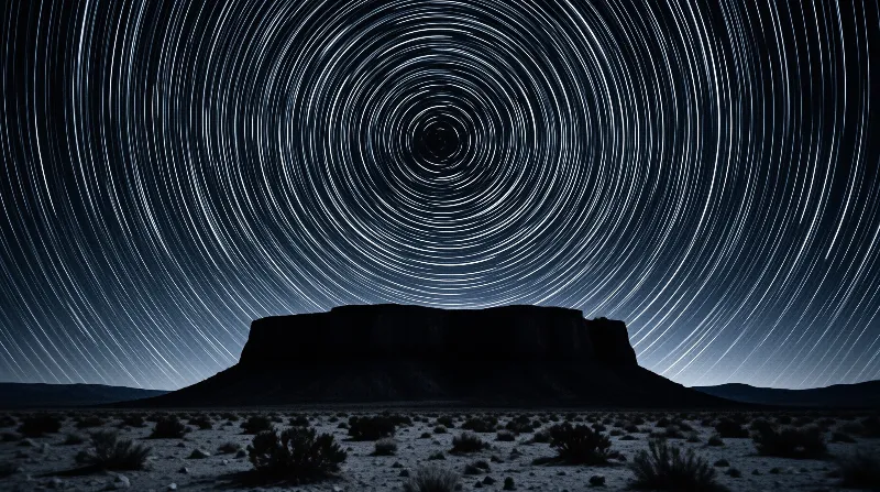 A dark mesa stands in a desert landscape while concentric circles of star trails arc across the night sky.