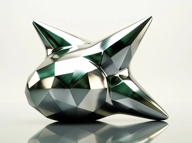 A shiny faceted object resembling a star rests on a glossy white surface with green hues.