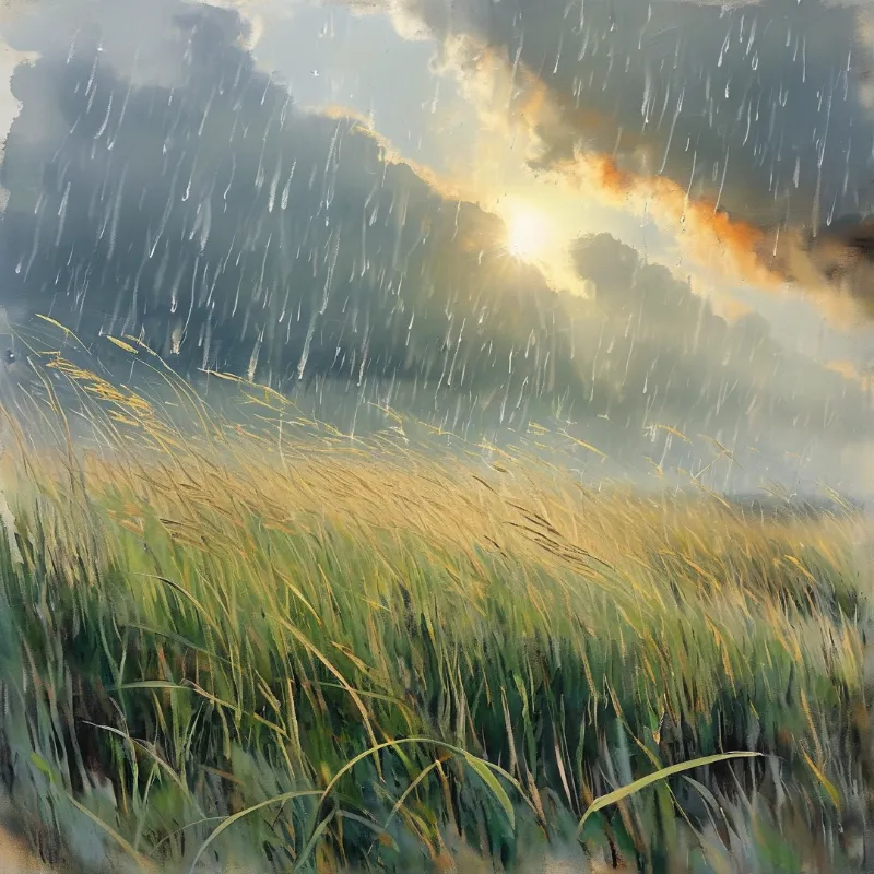 Tall golden grass bends in the wind while heavy rain falls against a backdrop of dark clouds pierced by bright sunlight