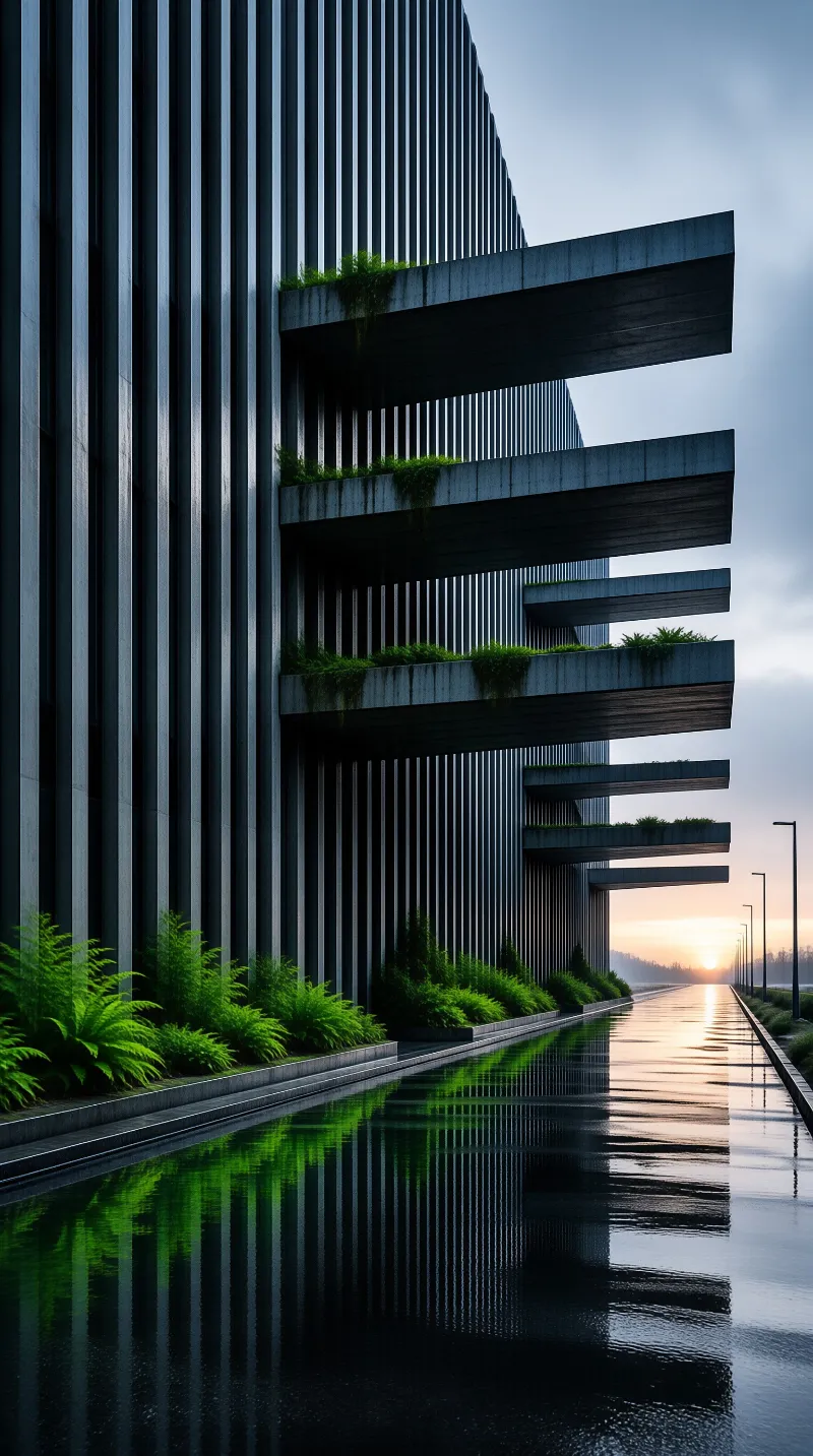 Vertical building facade with cantilevered balconies reflected in a long water channel during sunset.