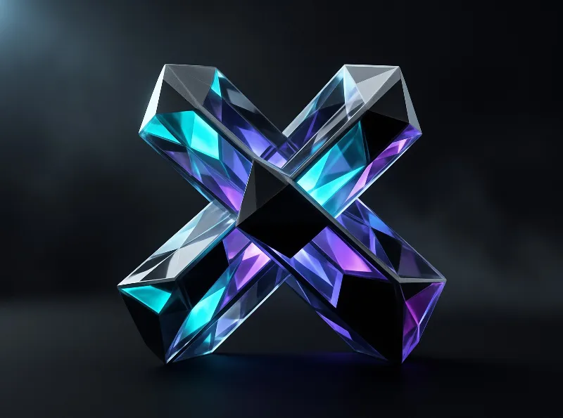 A faceted crystalline X shape displays shades of cyan and violet while resting on a dark surface.