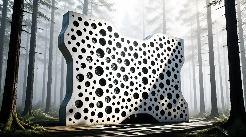 A white concrete panel pierced with round holes stands among foggy pines, casting dotted shadows on the ground.