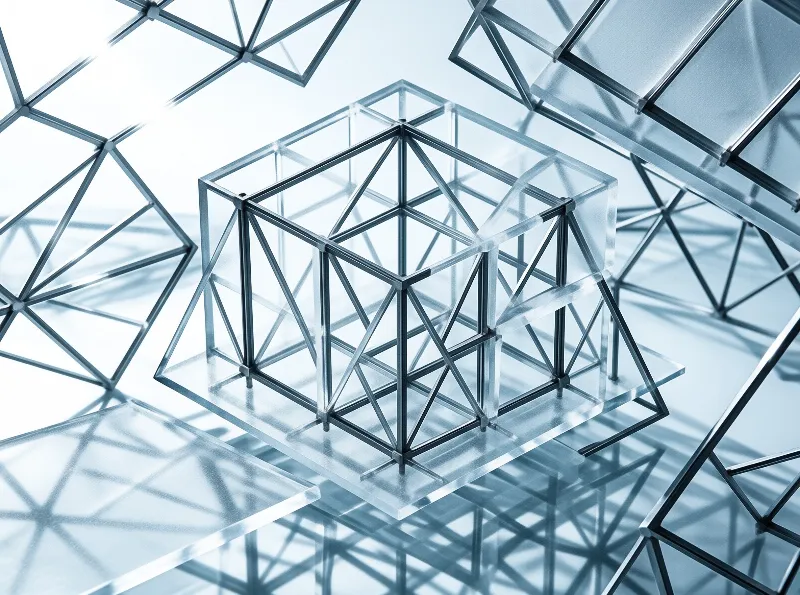 Transparent glass panels and slim metal struts form a nested cubic lattice casting pale blue shadows on a bright floor.