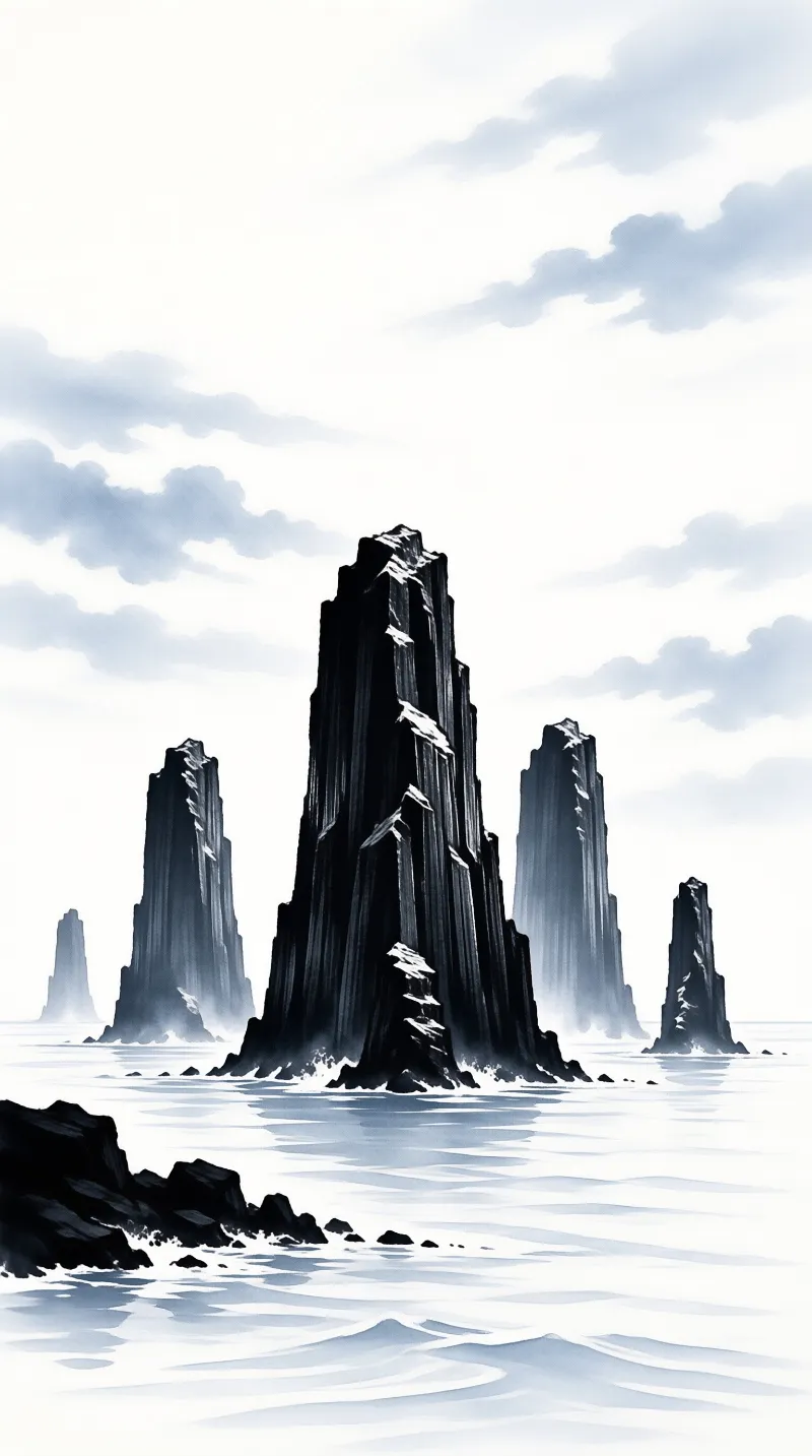 Tall dark jagged rock pillars emerge from smooth pale water beneath a cloudy sky in this grayscale painting