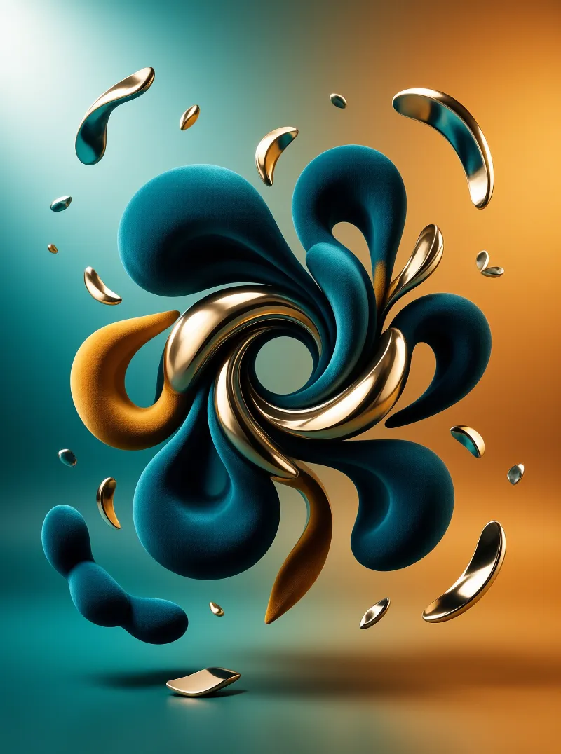 Swirling teal liquid and shiny gold metal forms create a vortex against a smooth color gradient background.