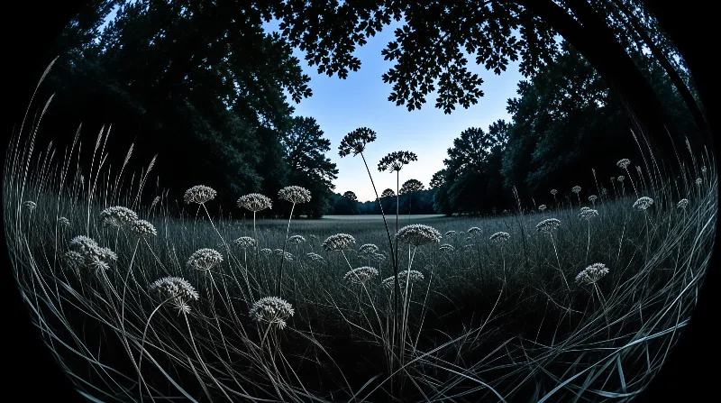 Tall white umbellifer flowers stand in a grassy field surrounded by dark trees under a twilight sky