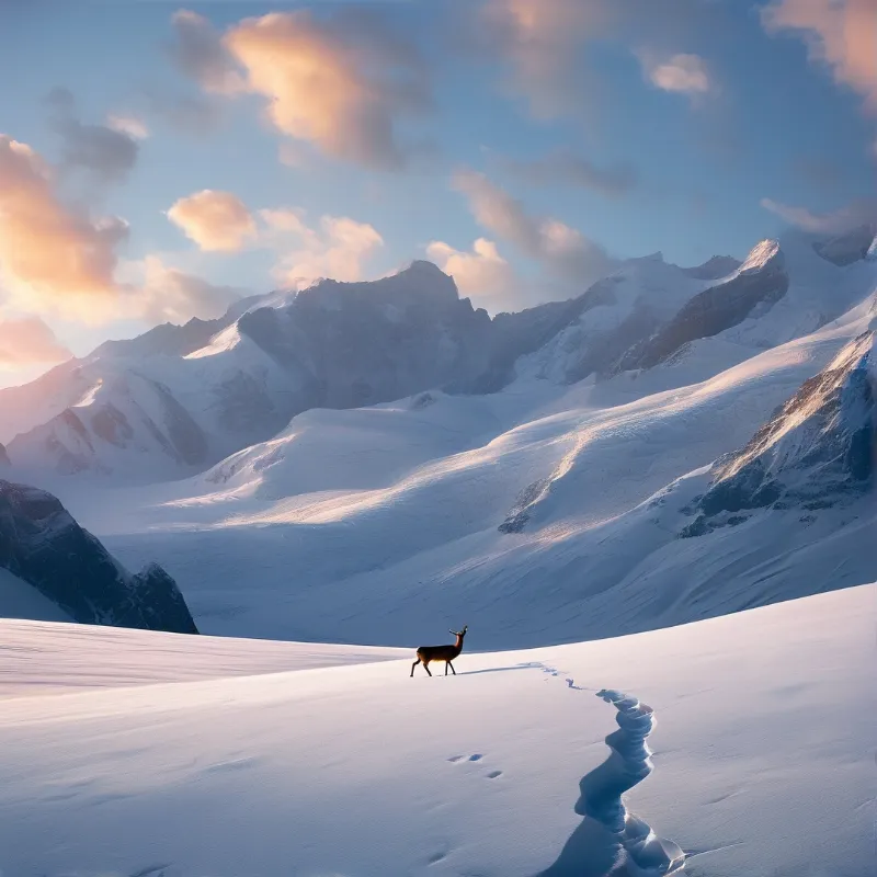 A single deer walks a vast snow slope leaving footprints, with sunlit peaks and peach clouds above an alpine valley.
