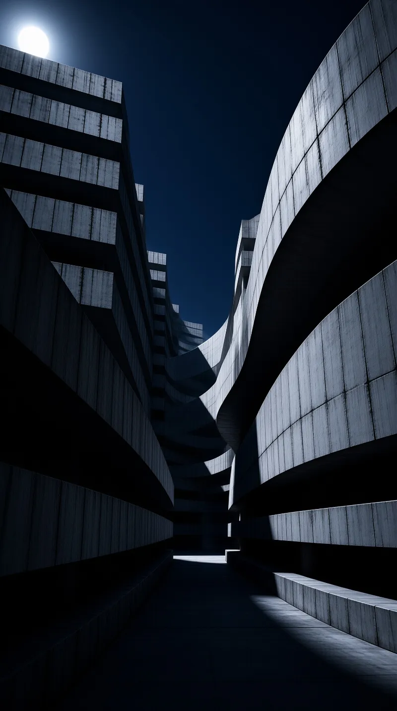 A dark pathway winds between massive wave-like concrete walls while a bright orb hangs in the deep blue sky.