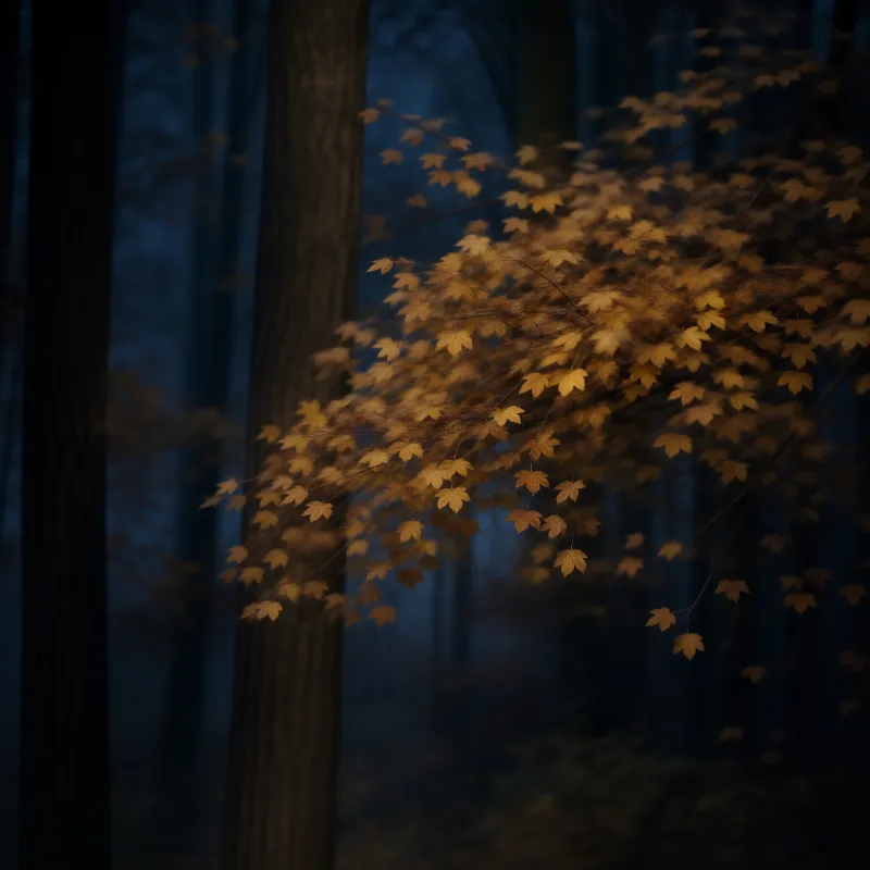 Autumn Leaves in Dark Forest