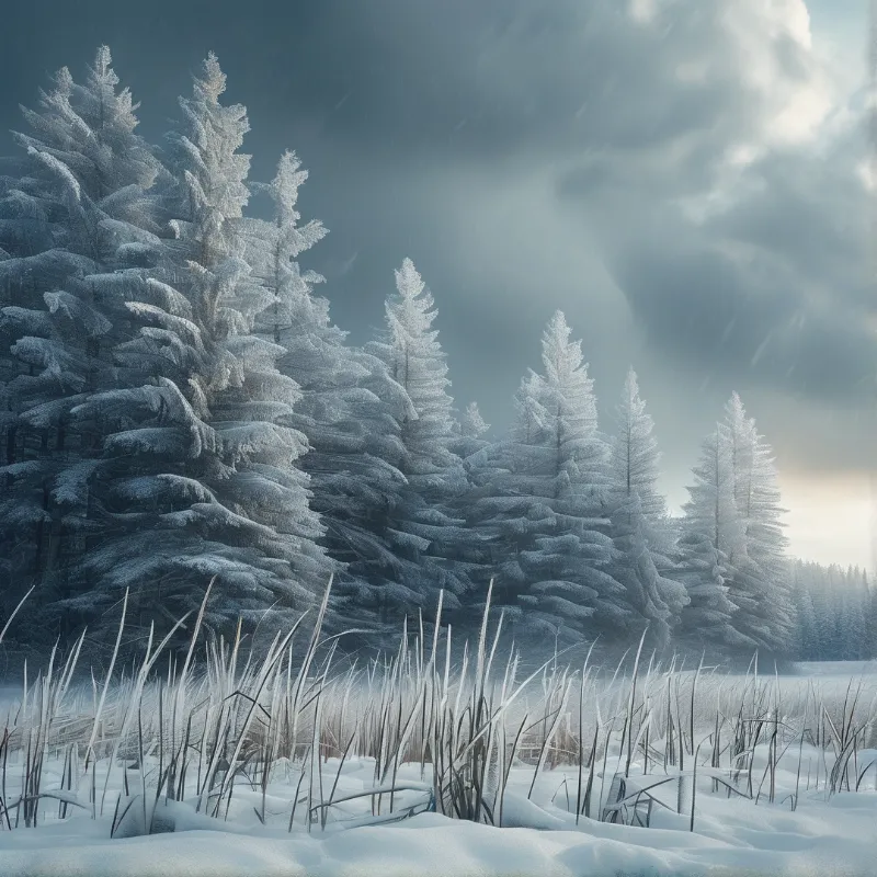 A serene winter landscape featuring snow-laden evergreen trees in a forest with rays of light piercing through the cloudy sky