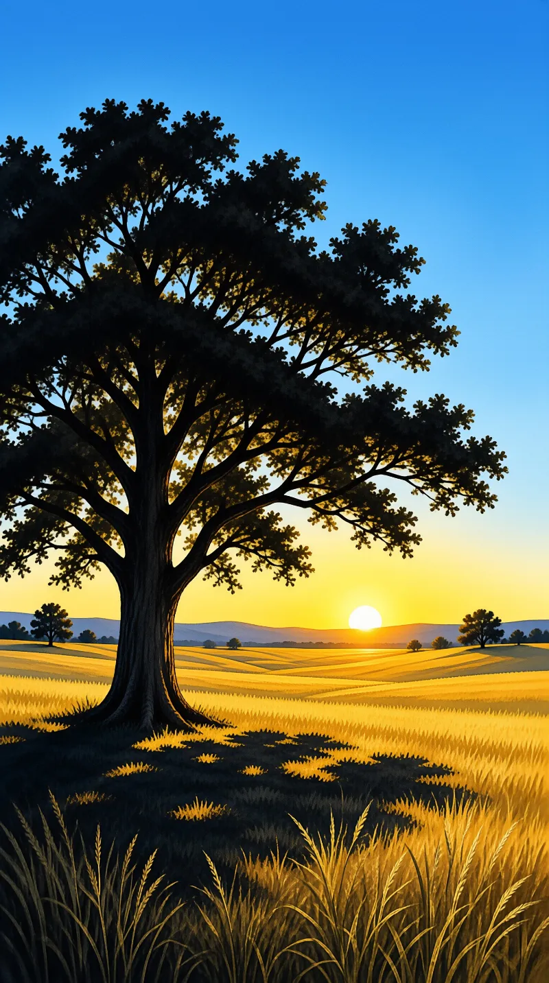 A solitary dark tree dominates a golden grass field as the sun dips below the horizon behind rolling hills.
