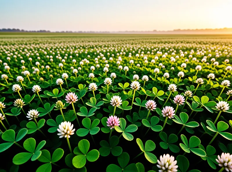 A wide shot of a green field filled with white clover flowers and some pink blooms glowing under a warm sunset sky.