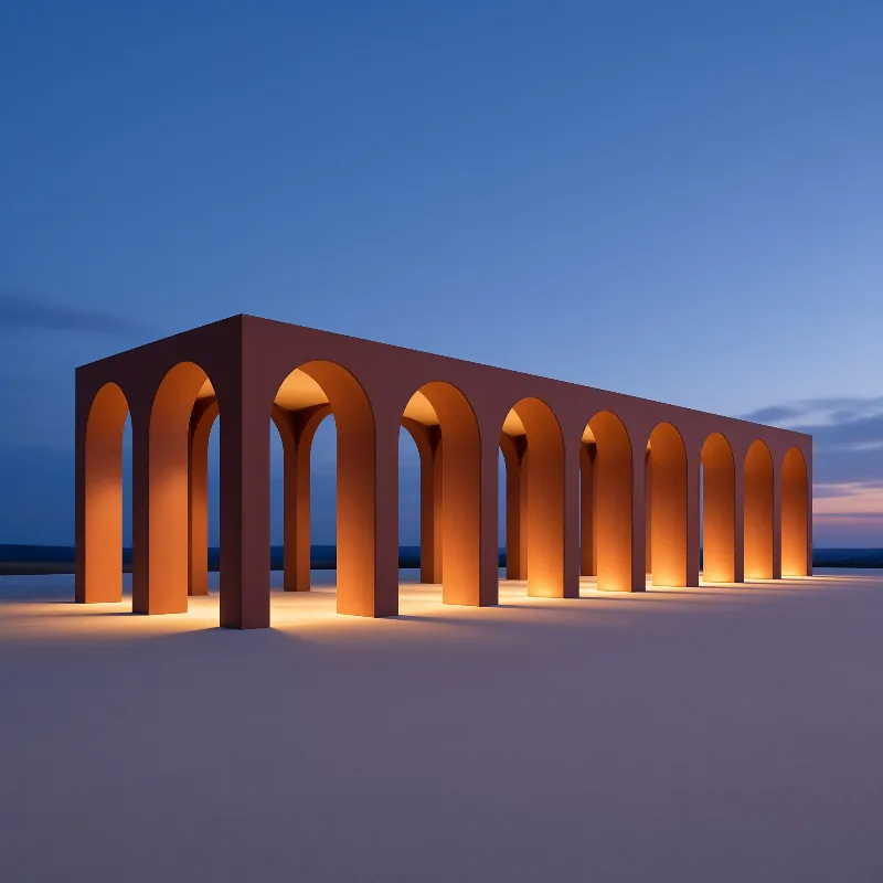Row of arched terracotta structures with warm glowing undersides stands on a pale flat plain under deep blue twilight sky.