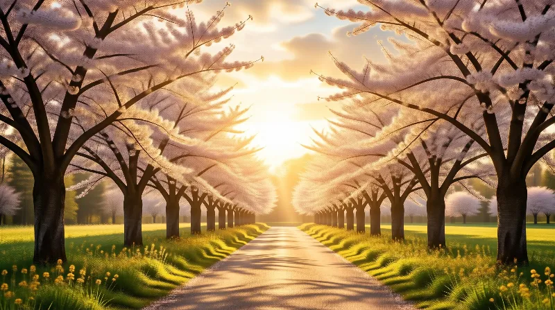 Cherry Blossom Path at Sunset