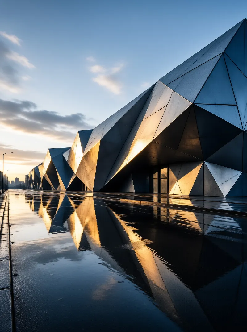 A modern faceted building shines against a blue sky while its reflection appears on the rain-slicked pavement below.