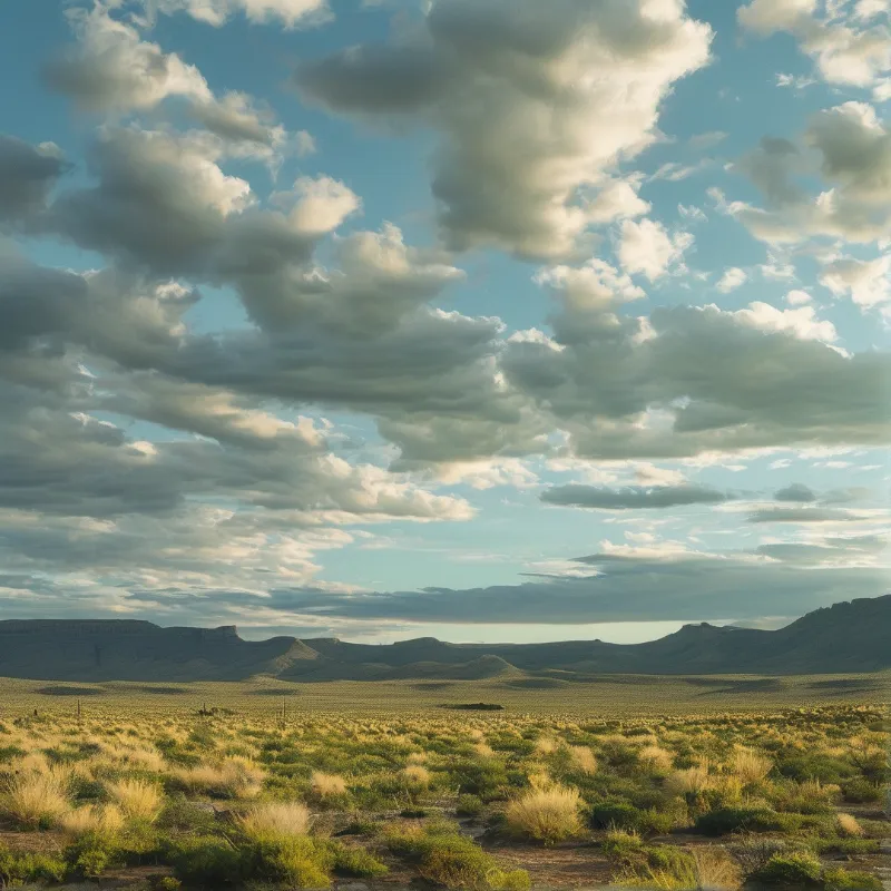 A wide desert landscape featuring low shrubs and distant mountains under a sky filled with thick, white clouds.