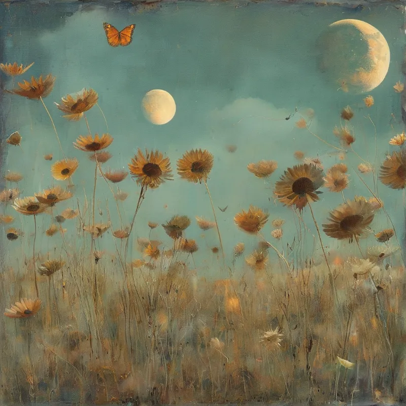 A field of dried flowers under a teal sky with two moons and a butterfly in flight.