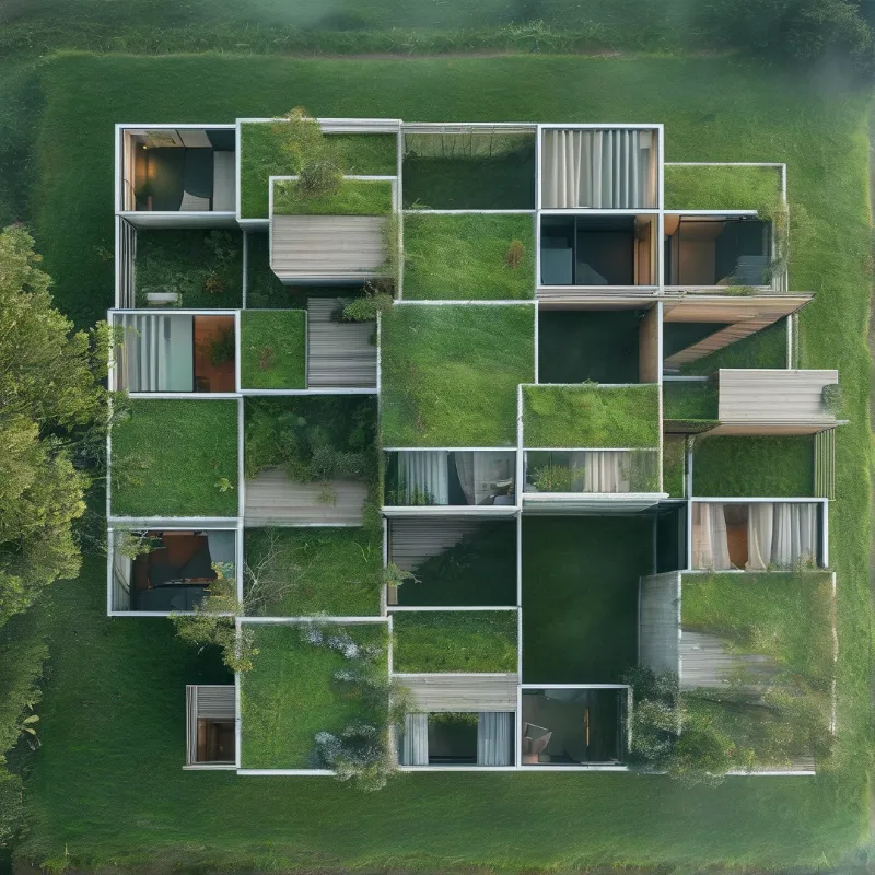 From straight overhead a house reads as a grid of squares, half carpeted in living turf and half open to wood floors.