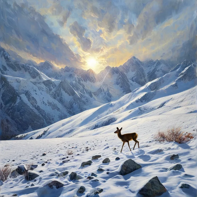A solitary animal walks across a frozen landscape while the sun breaks through distant peaks.