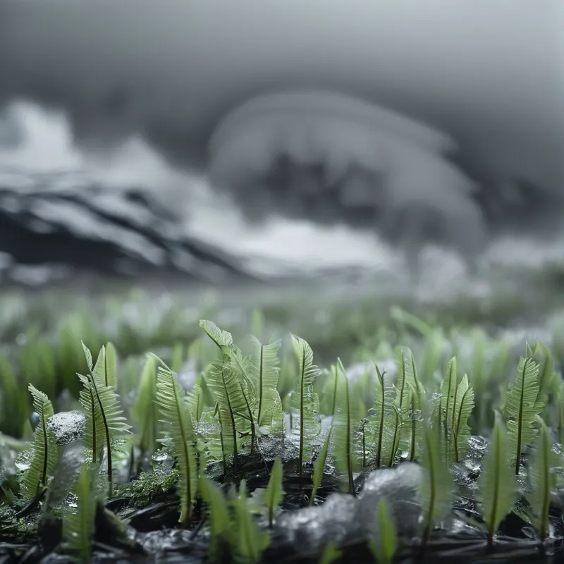 Small green ferns emerge from dark icy terrain with a blurred gray misty background.