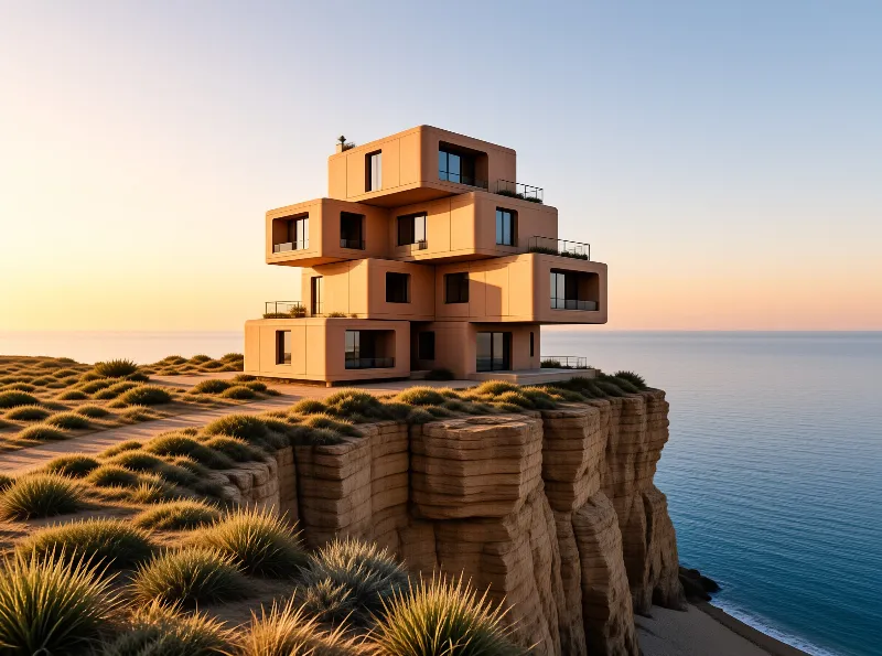 A beige geometric house sits atop a grassy cliff overlooking the calm blue ocean under a warm sunset sky.